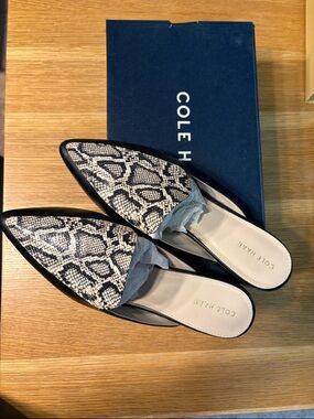 Cole Haan Black & White Snake-Print Pointed Leather Mules